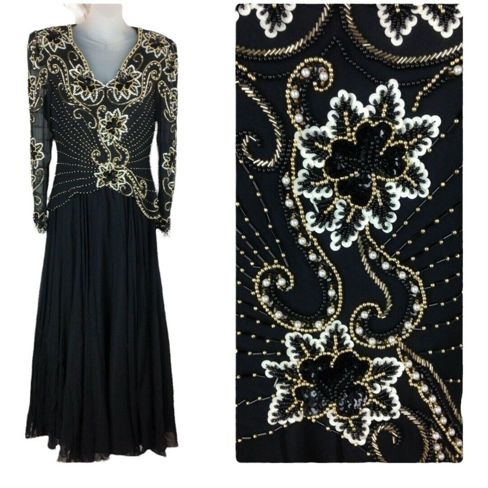 Victorian Black Full Length Silk Chiffon Evening Gown Beaded Sequence Dress M/L
